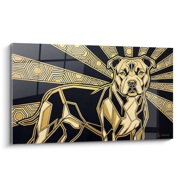 Cuadro de Perro Geométrico Dorado con Rayos Solares - Retrato Moderno - Edición Staffordshire Bull Terrier
