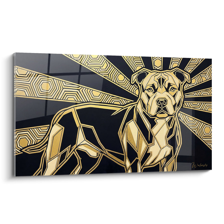Tableau Chien Géométrique Doré aux Rayons Solaires - Portrait Moderne - Edition Staffordshire Bulle Terrier