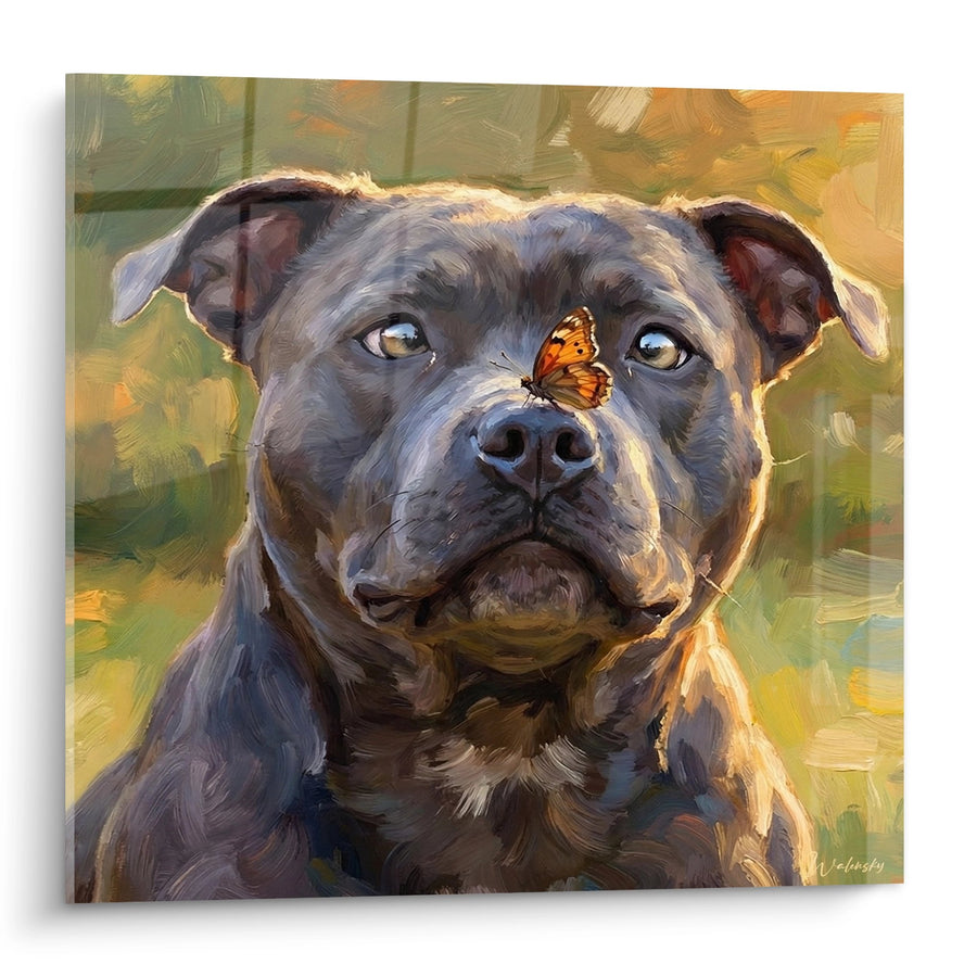 Tableau Staffordshire Bulle Terrier Gris au Papillon Orange - Portrait Canin Touchant - Edition Staffordshire Bulle Terrier