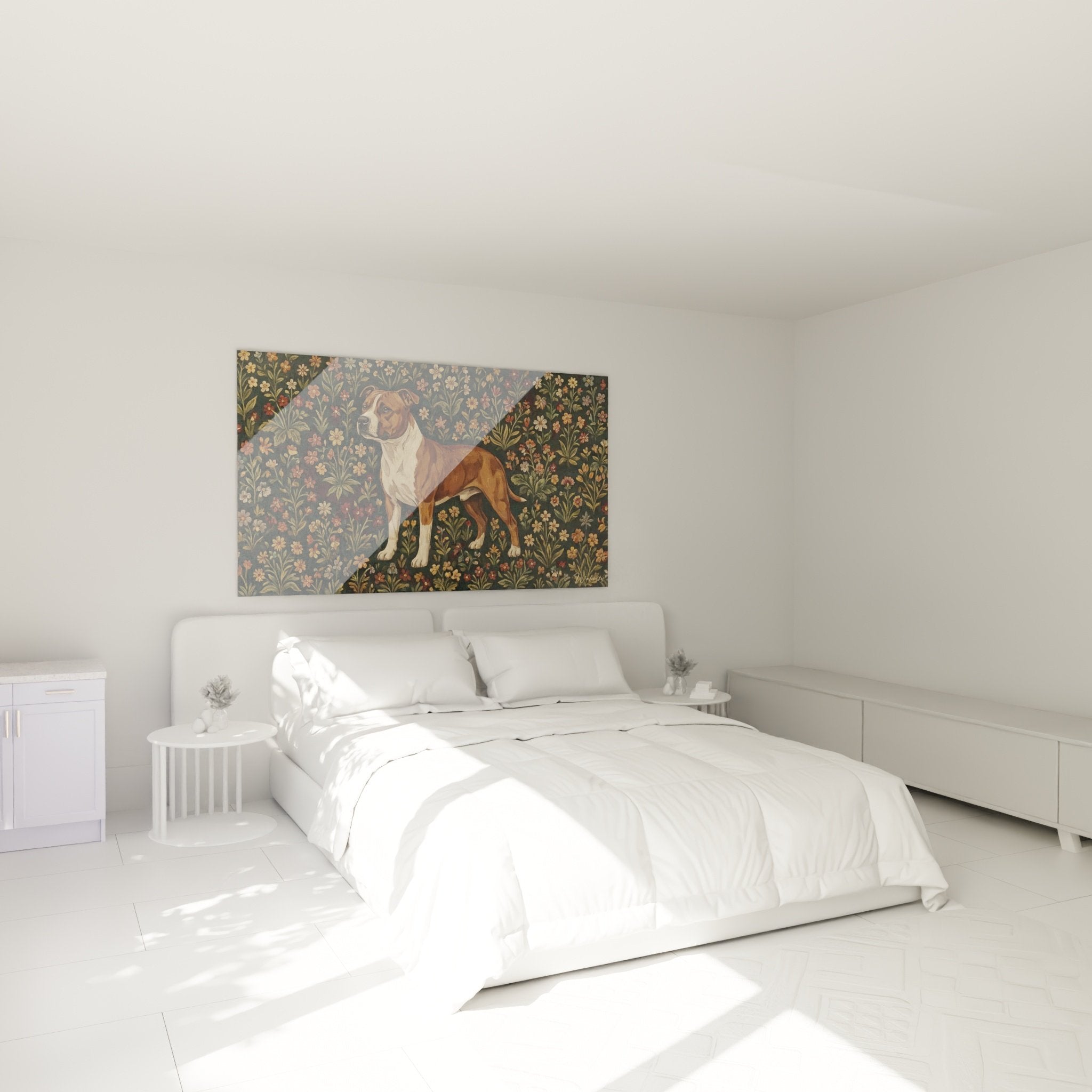 Staffordshire Bullterrier Gemälde mit vintage Blumenmotiven, Wanddekoration im Schlafzimmer