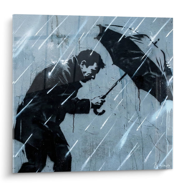 Schilderij man in de regen met paraplu in zwart-wit - Stedelijke eenzaamheid - Street art stencil editie