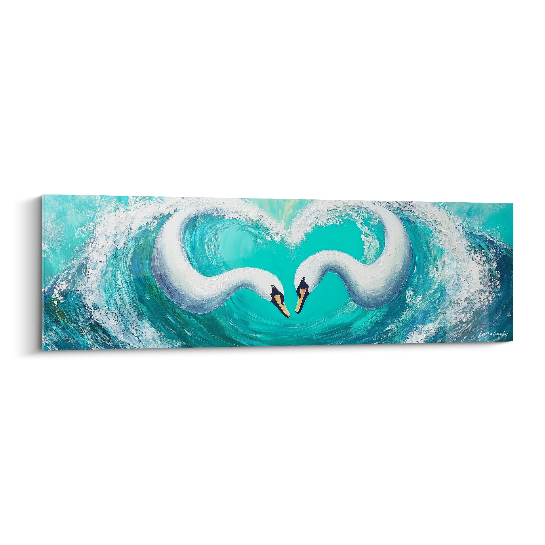 Tableau cygne de Walensky représentant deux cygnes formant un cœur dans une vague turquoise