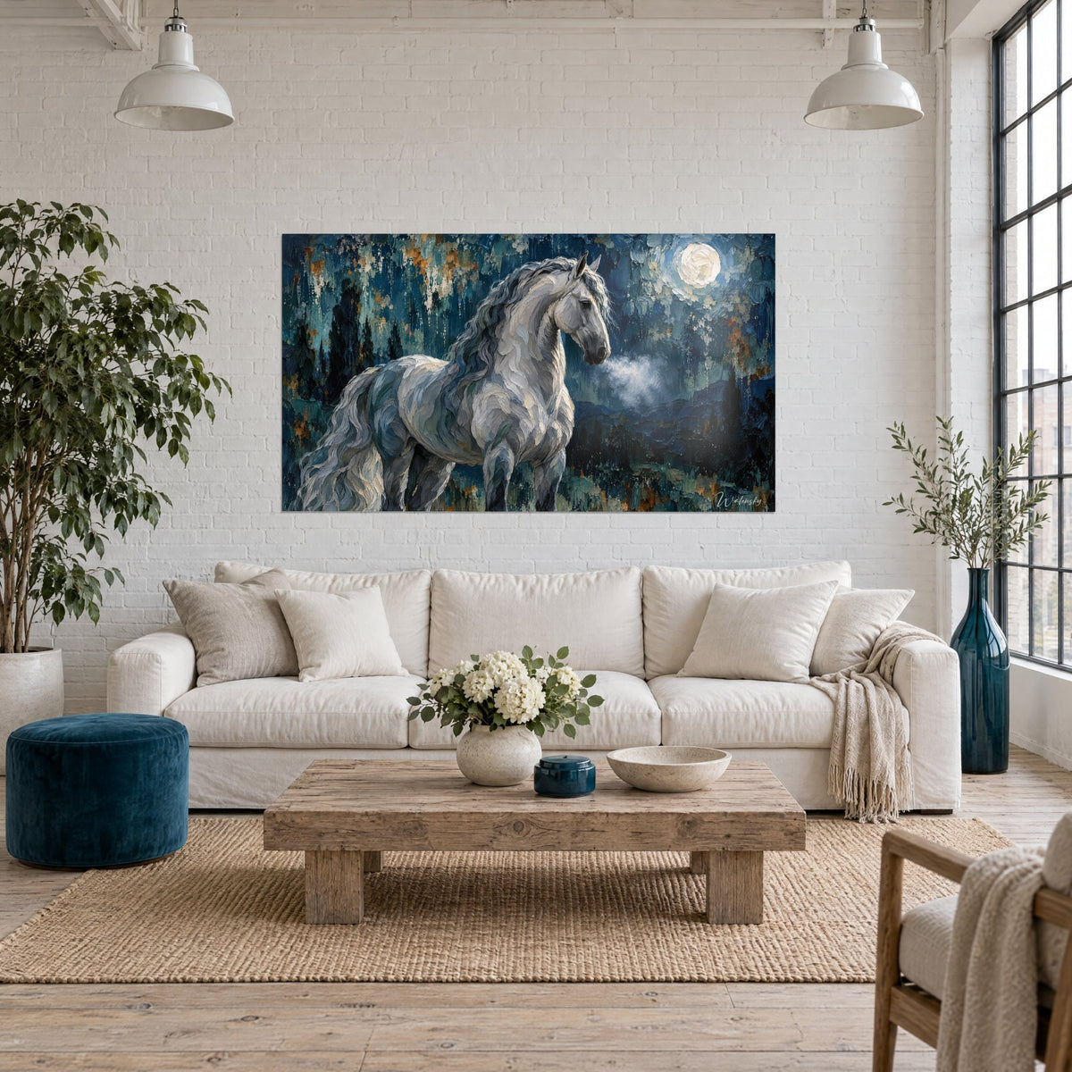 Tableau étalon blanc à la crinière argentée sous une lune bleu nuit, touches épaisses, au-dessus d'un canapé dans un salon lumineux