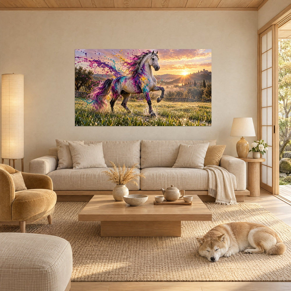 Tableau étalon blanc ruisselant de peinture violette et turquoise, soleil orangé, shiba endormi, au-dessus d'un canapé dans un salon lumineux