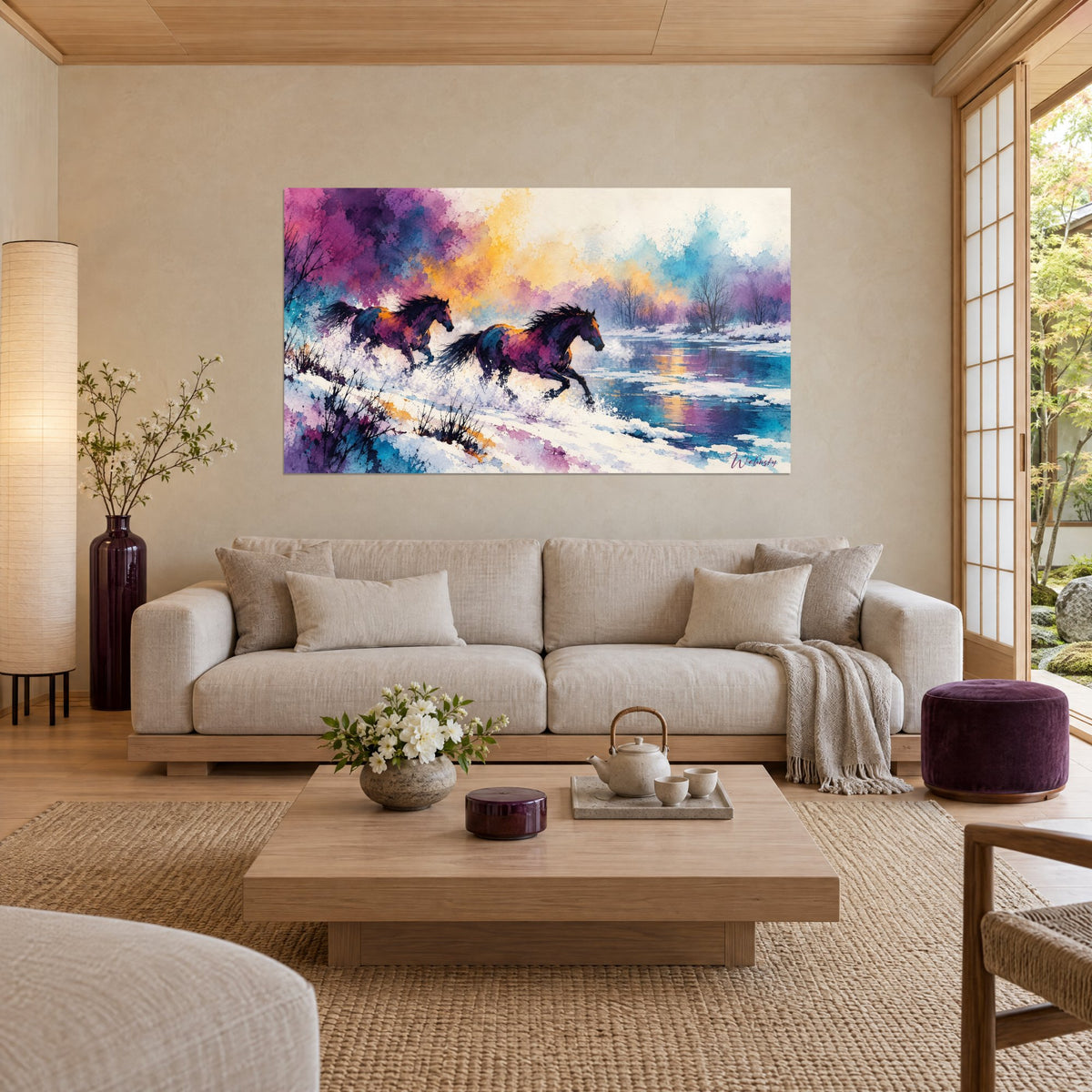 Tableau chevaux bruns galopant dans la neige poudreuse, ciel aquarelle violet et jaune safran, au-dessus d'un canapé dans un salon lumineux