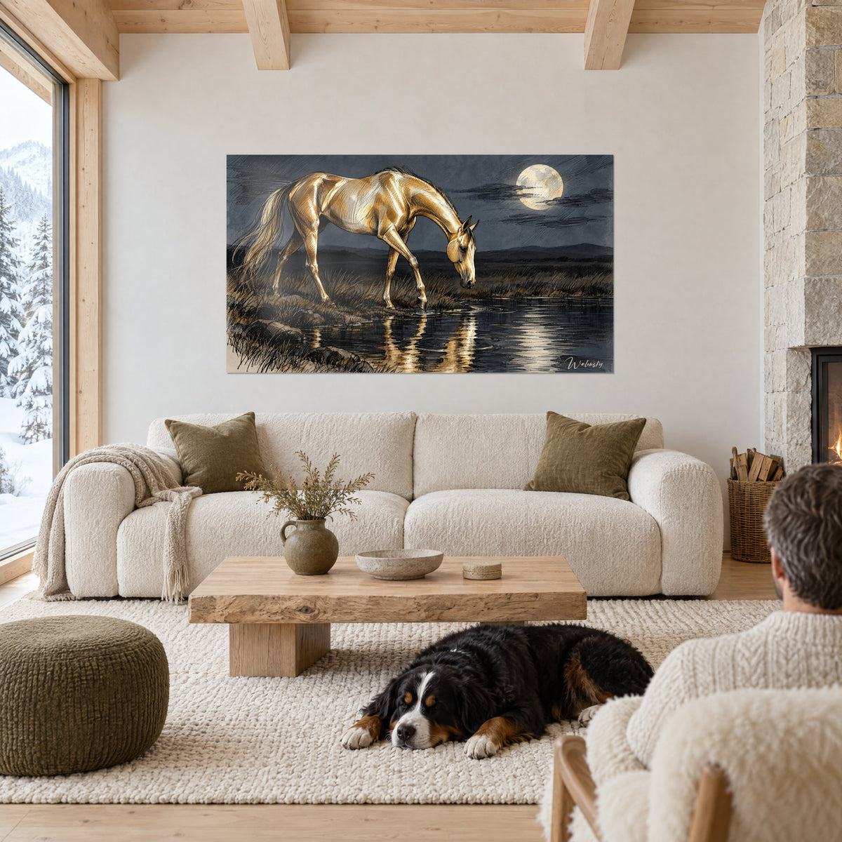 Tableau cheval doré penché vers l'eau sous une pleine lune ivoire, ciel gris ardoise, au-dessus d'un canapé dans un salon lumineux