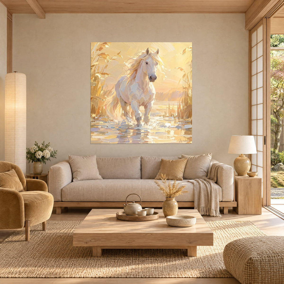 Tableau cheval blanc à la crinière dorée entrant dans l'eau ambrée, roseaux jaunes, au-dessus d'un canapé dans un salon lumineux