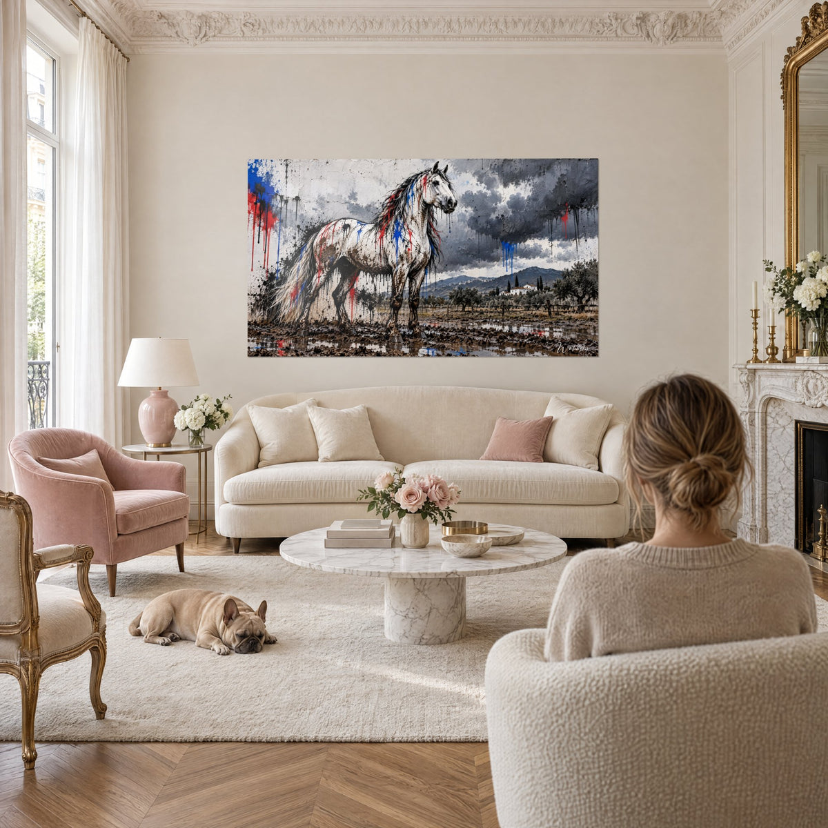 Tableau cheval blanc maculé de bleu et de rouge sous un ciel d'orage gris, au-dessus d'un canapé dans un salon lumineux