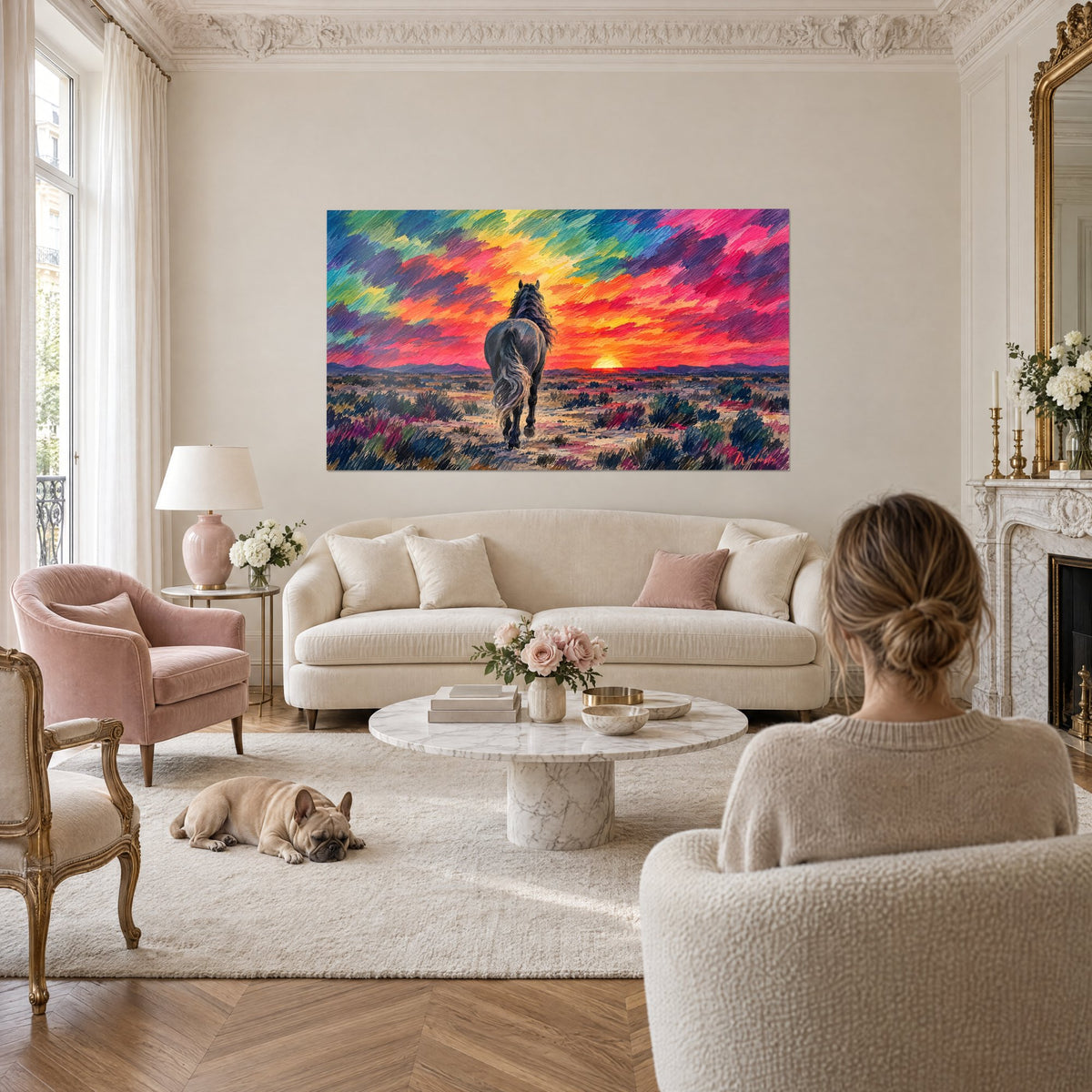 Tableau étalon d'ébène de dos galopant vers un soleil rouge et orangé, ciel strié de vert et rose, au-dessus d'un canapé dans un salon lumineux