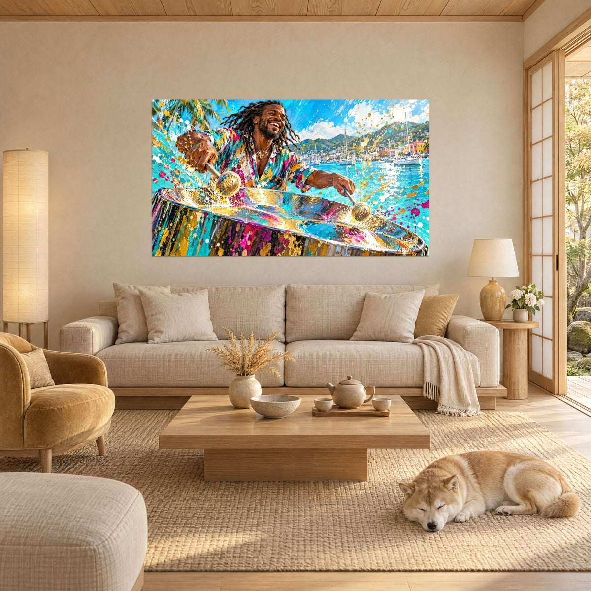 Tableau musicien aux dreadlocks rieur frappant son fût métallique turquoise et or, Shiba couché, au-dessus d'un canapé dans un salon lumineux
