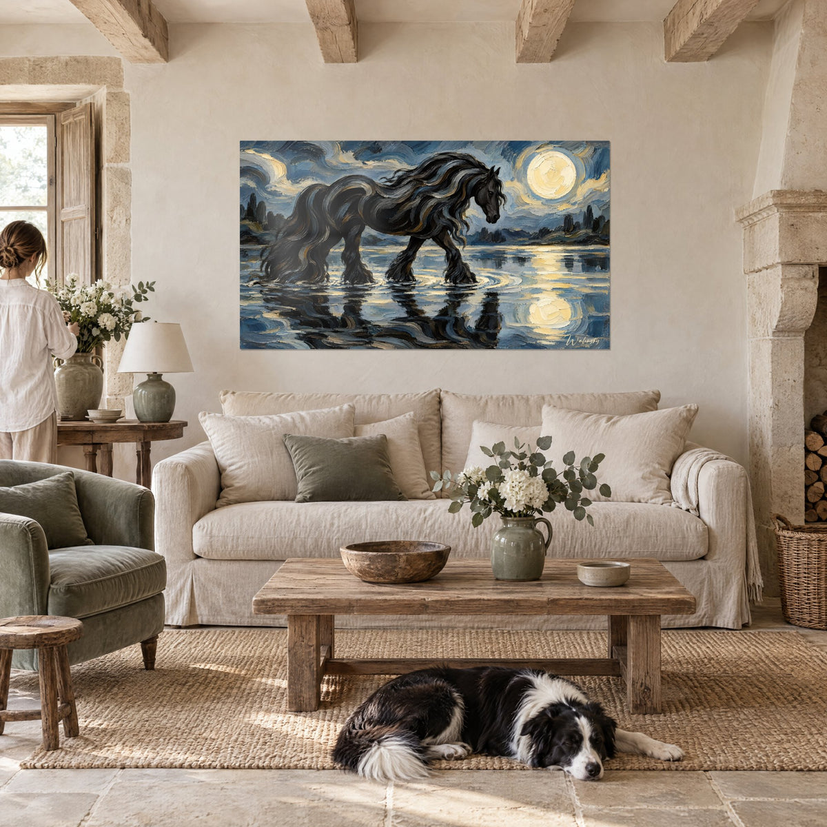 Tableau étalon frison d'ébène à la crinière ondoyante, lune crème sur eau bleu acier, au-dessus d'un canapé dans un salon lumineux