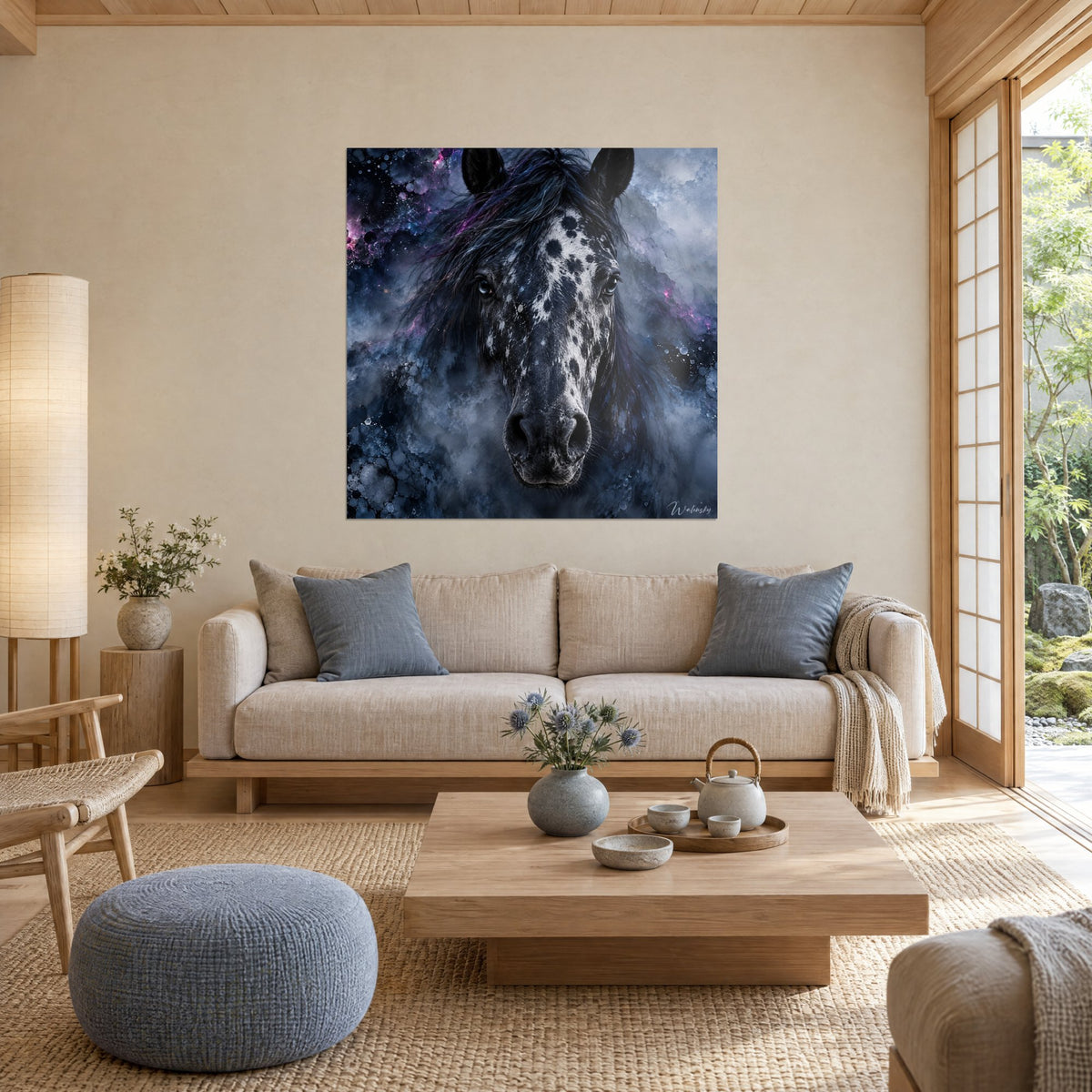 Tableau cheval appaloosa moucheté aux yeux bleu glacé, crinière noire et violette, brume gris-bleu, au-dessus d'un canapé dans un salon lumineux