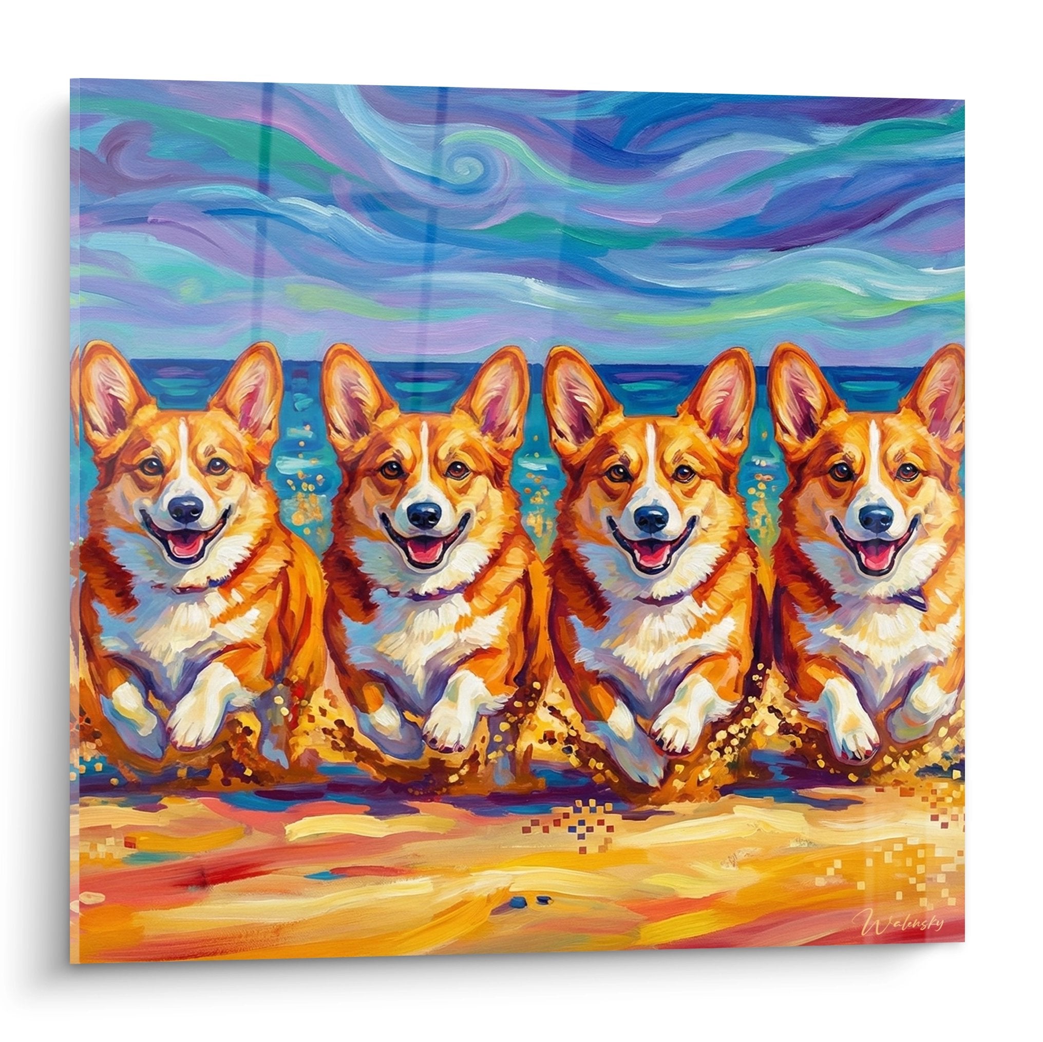 Tableau artistique quatre corgis pembroke courant plage sable ciel violet turquoise style impressionniste coloré
