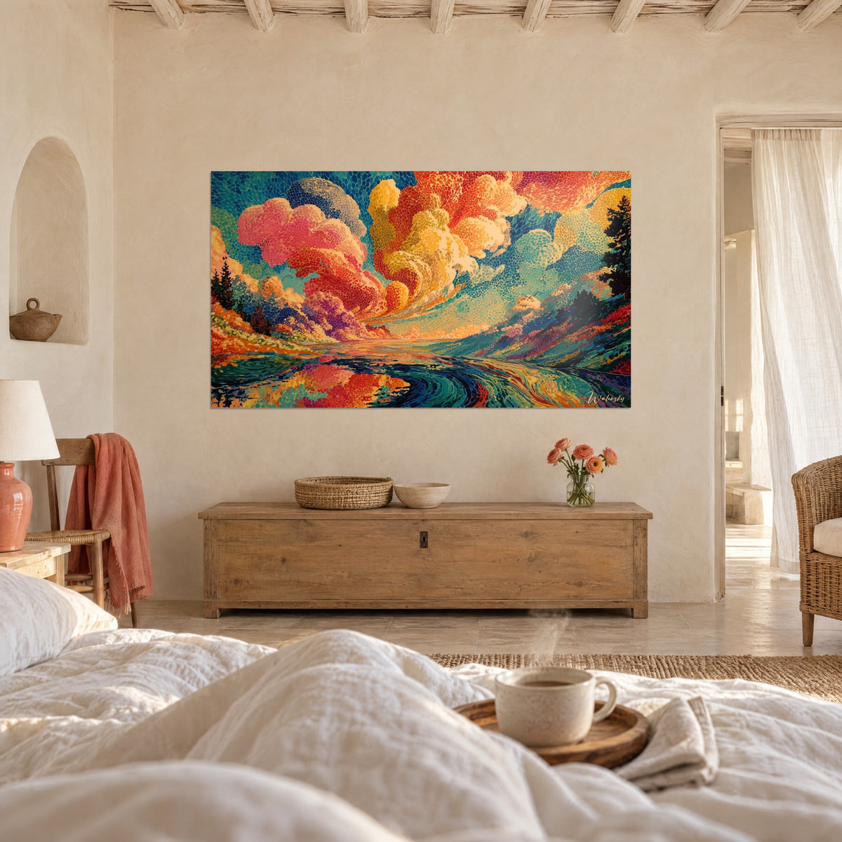 Cuadro de remolinos de nubes bermellón y ocre en puntillismo, reflejos turquesa en el agua, pareja de espaldas, colgado sobre una cama en un dormitorio luminoso