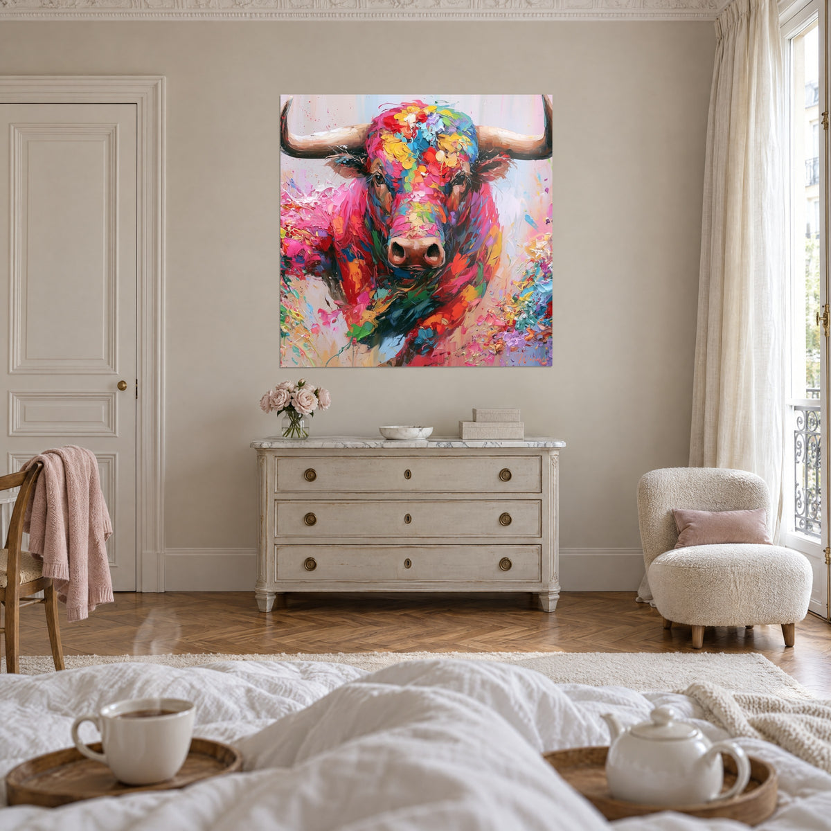 Tableau bovin aux grandes cornes crème, pelage fuchsia et jaune éclatant, au-dessus d'un lit dans une chambre claire