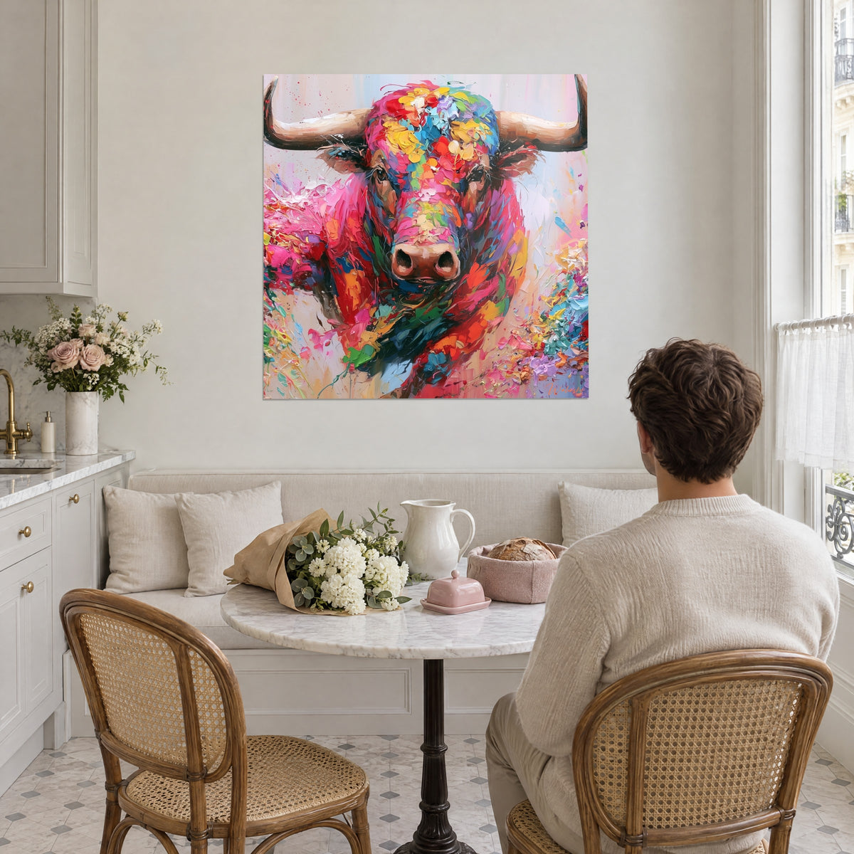 Tableau bœuf à cornes en peinture épaisse orange, rose et bleu nuit, dans une cuisine blanche face à un homme attablé