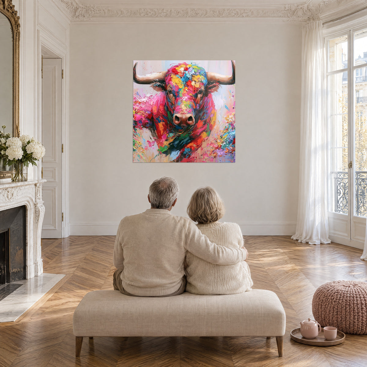 Tableau Longhorn aux yeux sombres et cornes brun clair, taches rose vif et turquoise, face à un couple âgé enlacé sur un banc