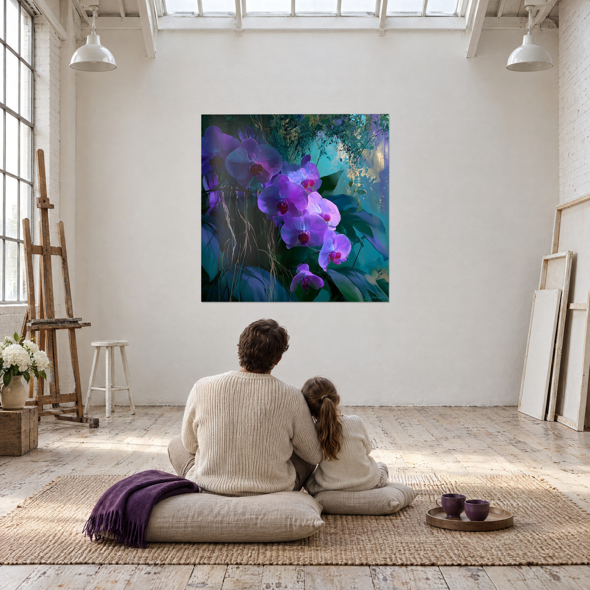 Cuadro de orquídeas amatista luminosas sobre selva verde oscuro y cian, dos personas de espaldas sentadas en cojines en un taller