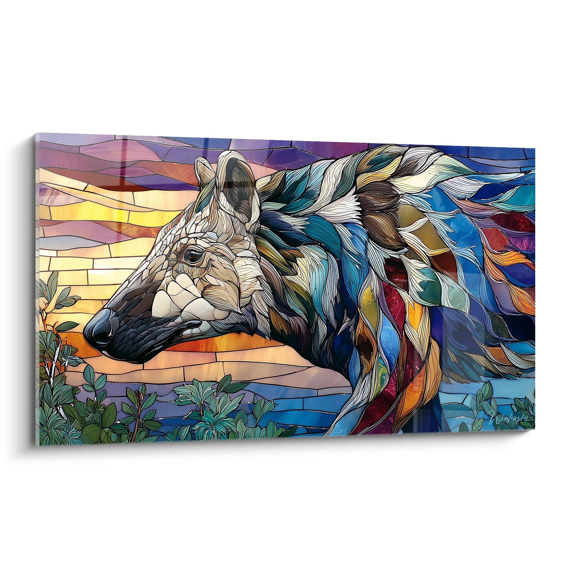 Tableau mural Andrewsarchus mosaïque aux couleurs vibrantes avec crinière arc-en-ciel style vitrail