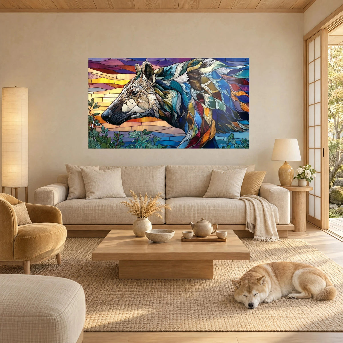 Tableau bête préhistorique en vitrail aux plumes bleues et or, couchant violet, au-dessus d'un canapé dans un salon lumineux