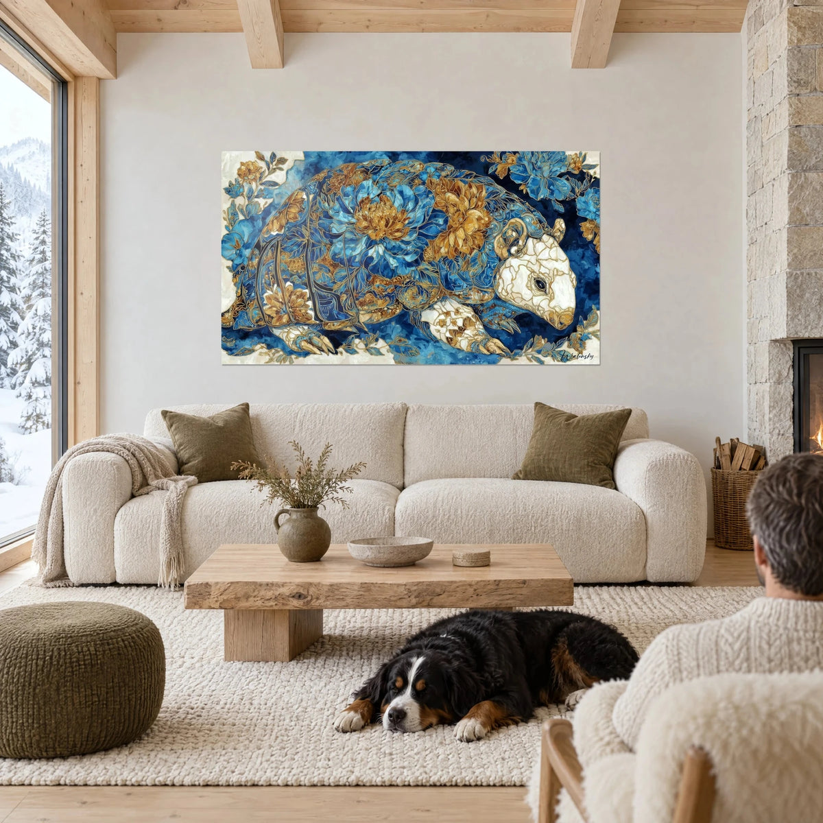 Tableau glyptodon à carapace fleurie bleu cobalt et or, museau ivoire, pivoines dorées, au-dessus d'un canapé dans un salon lumineux