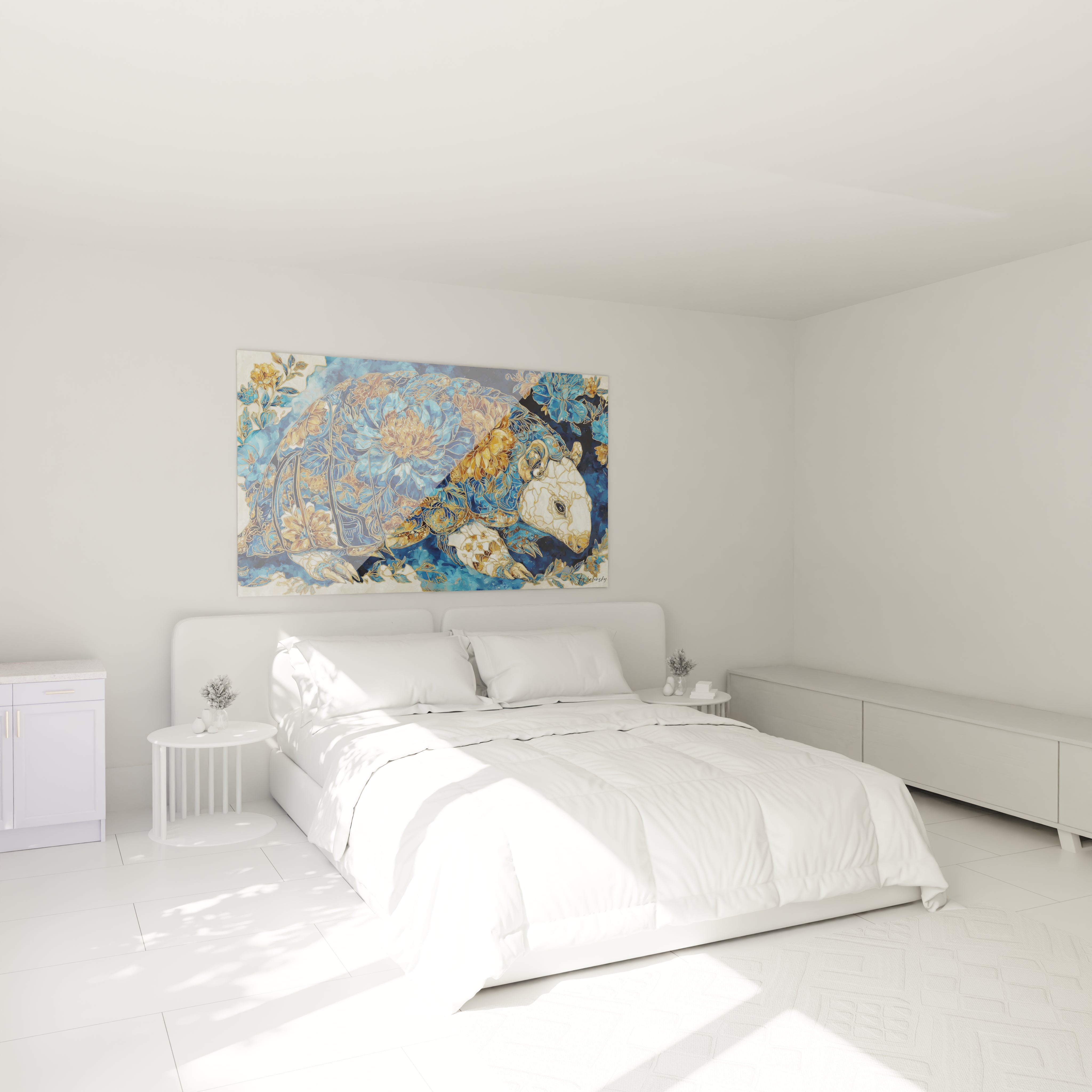 Tableau mural Glyptodon fleurie dorée ambiance chambre décoration marine élégante