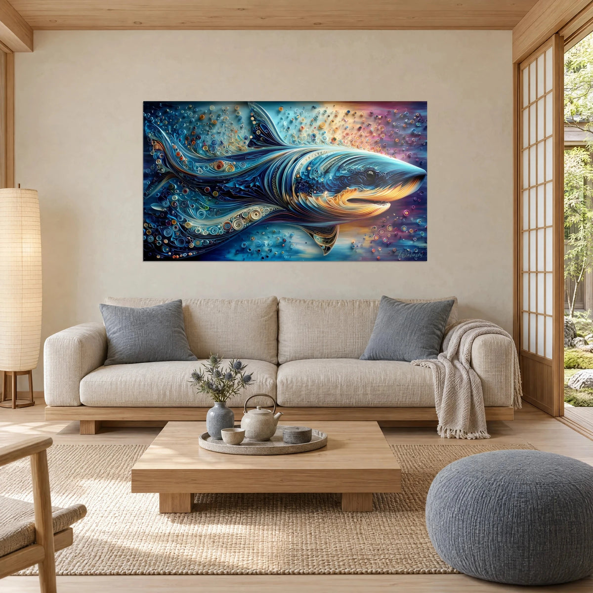 Tableau requin géant en papier roulé bleu nuit et ocre, gueule dorée ouverte, au-dessus d'un canapé dans un salon lumineux