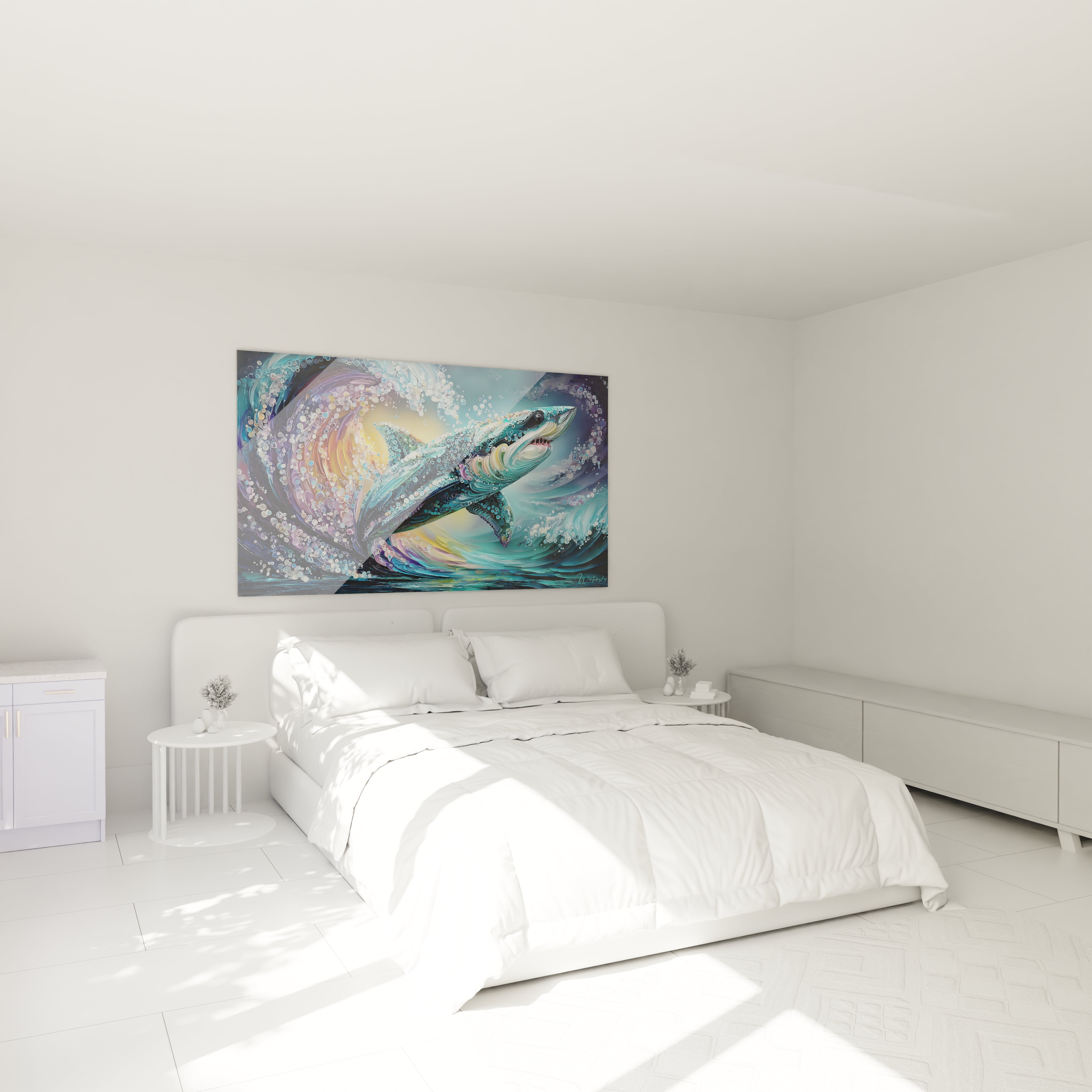 Tableau mural Mégalodon décoratif dans chambre moderne, ambiance océanique apaisante