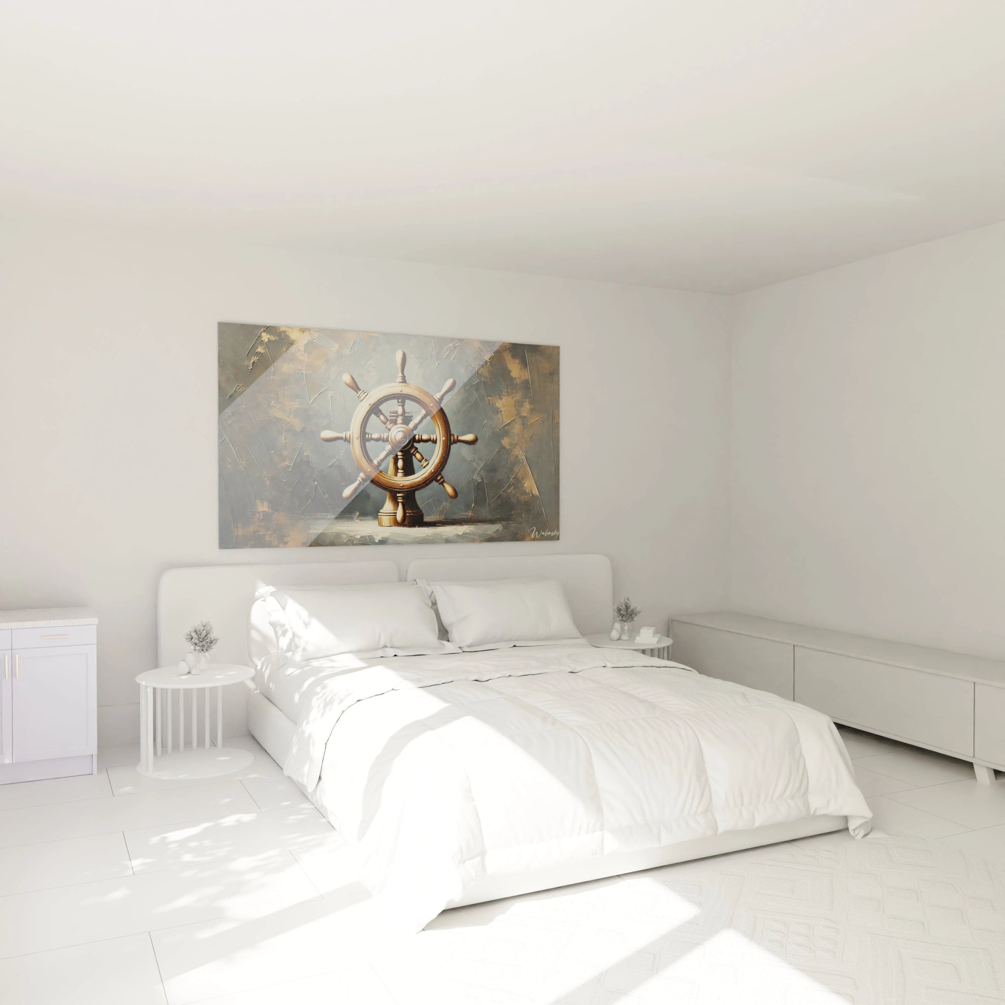 Tableau Marin accroche au-dessus du lit dans une chambre apaisante ses tons bleus et ors apportent serenite et elegance a votre espace tout en invitant au voyage et a la contemplation

