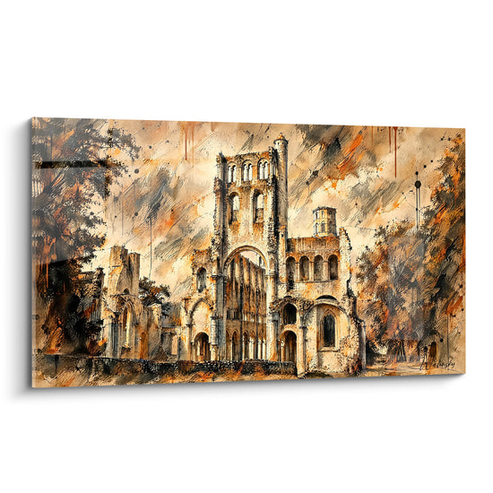 Tableau Abbaye en ruine ocre et anthracite - Mémoire du temps - Edition Abbaye Royale Saint-Pierre de Jumièges Normandie France
