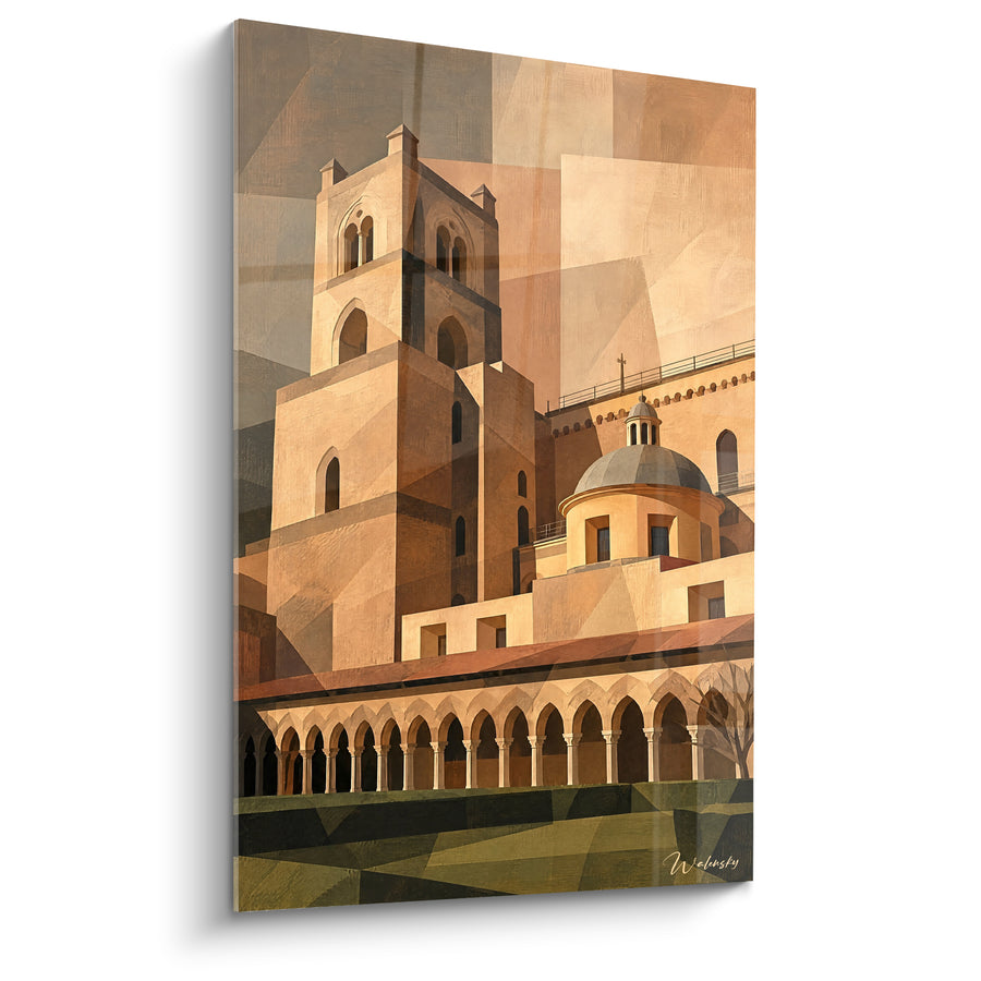 Tableau Cathédrale ocre et verte aux arcades sculptées - Quiétude monastique - Edition Abbaye de Monreale Sicile Italie