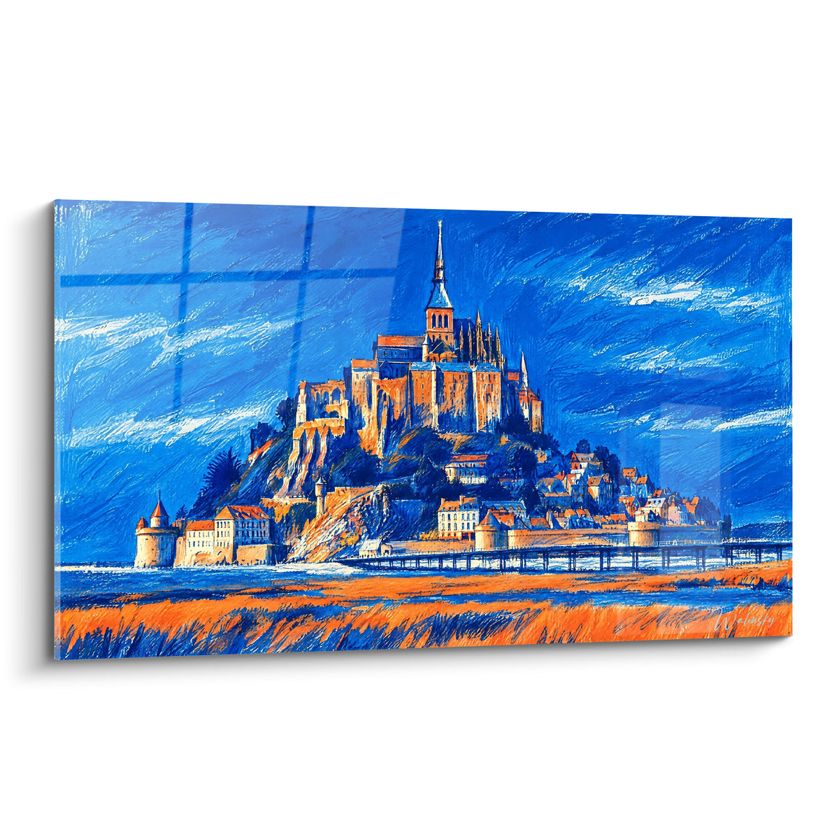 Abbaye du Mont-Saint-Michel bleu marine et orange dressée sur son rocher aux traits graphiques
