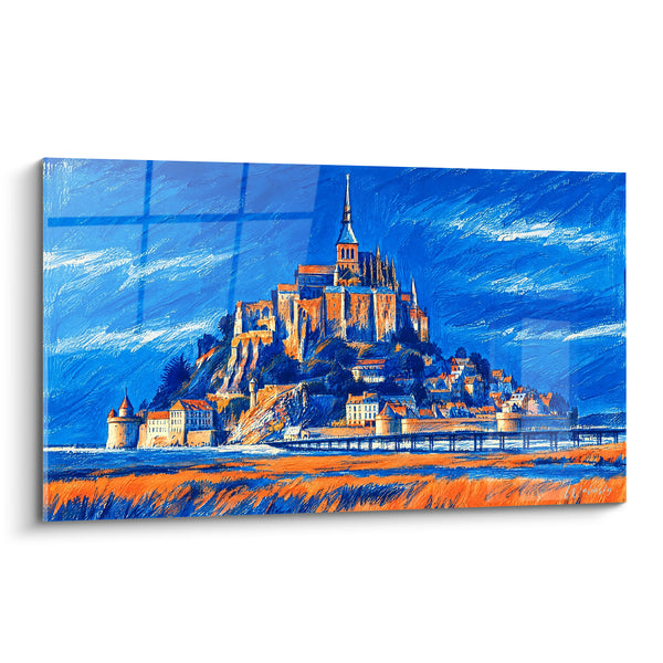 Tableau Abbaye bleu marine et orange sur son rocher - Veille sur la grève - Edition Abbaye du Mont-Saint-Michel  Normandie  France
