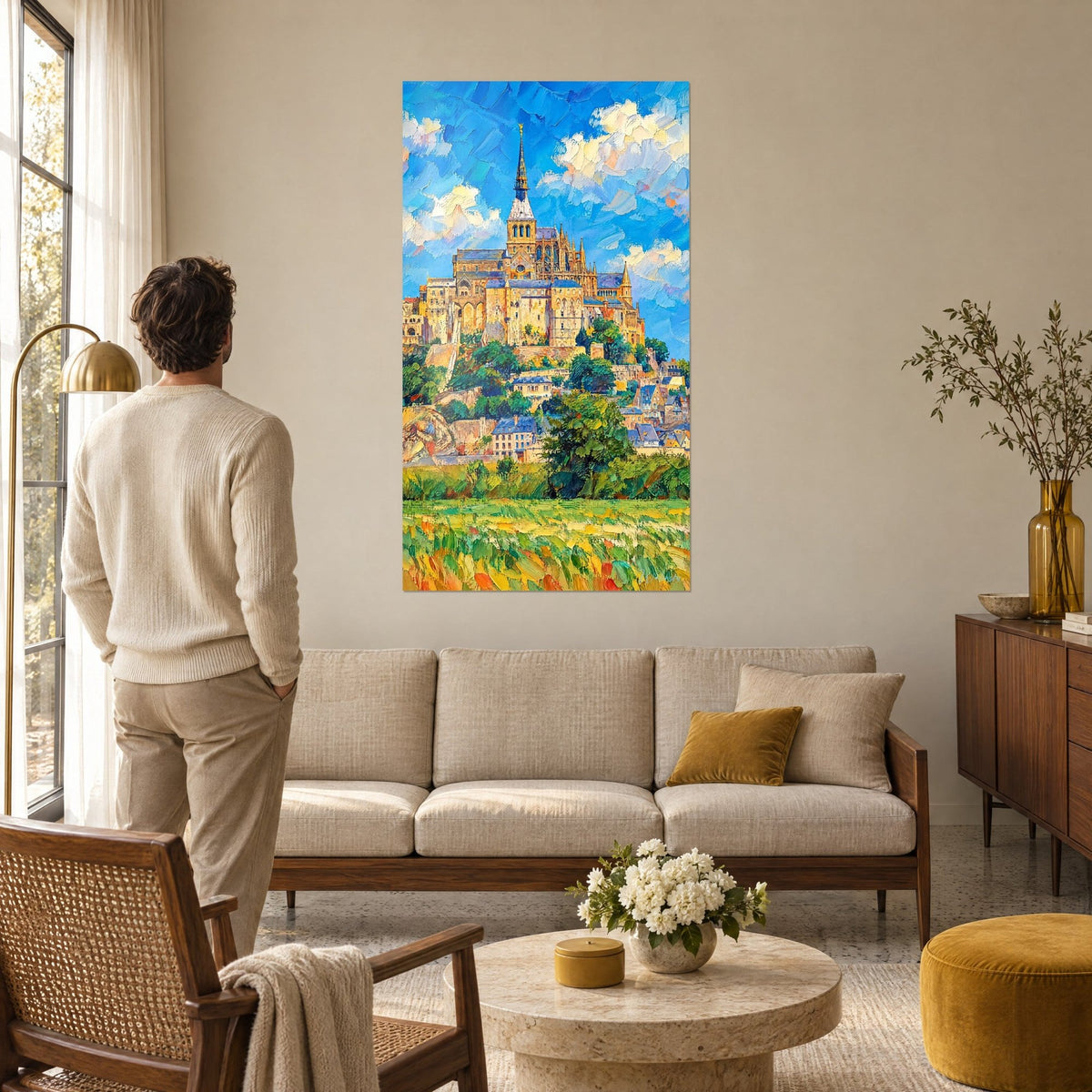 Tableau abbaye en pierre dorée sous un ciel bleu vif, pinceaux épais ocre et vert, au-dessus d'un canapé dans un salon lumineux