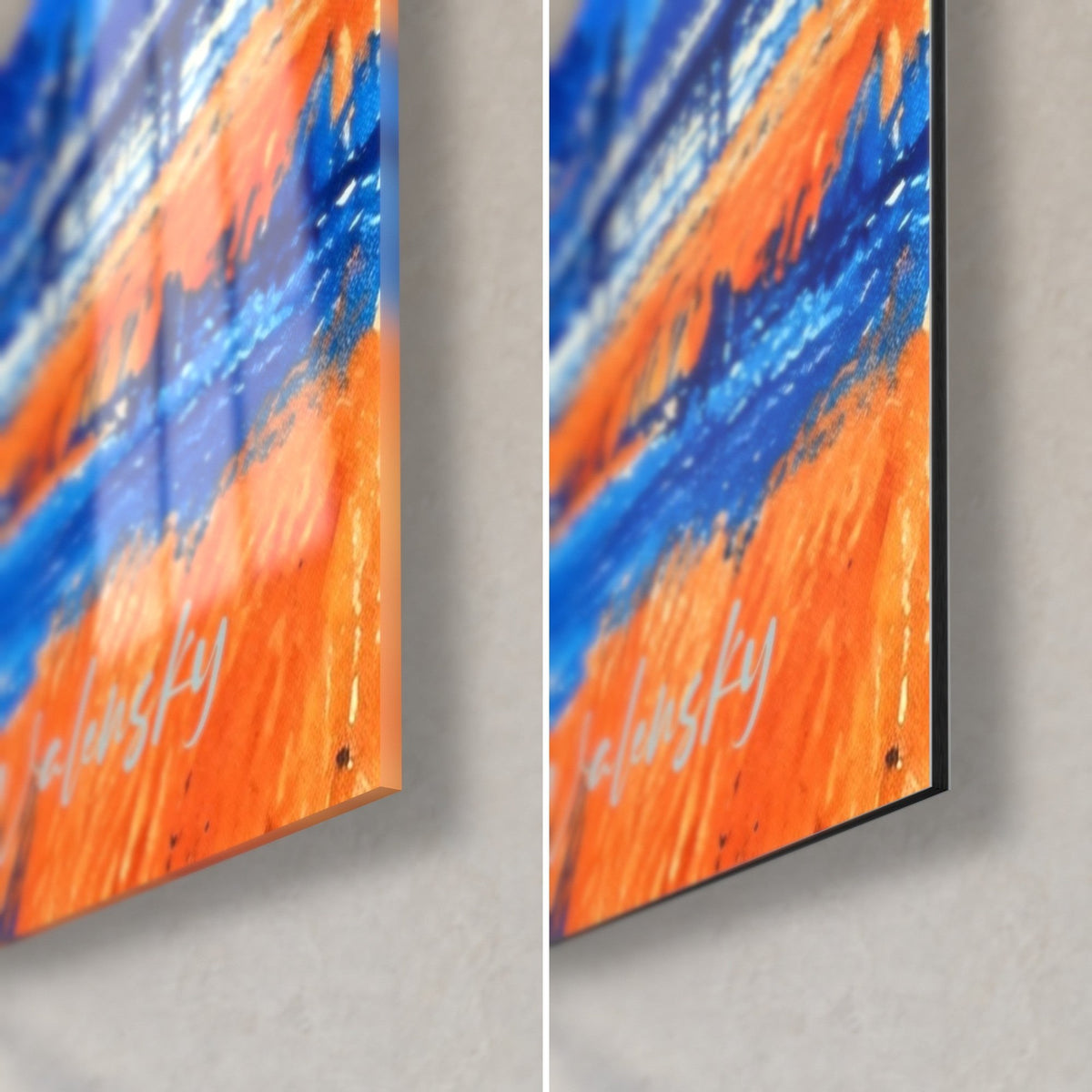 Tableau rocher fortifié, coin bas droit : verre brillant à reflets à gauche, Dibond mat à droite, orange et bleu, tranche de 3 mm