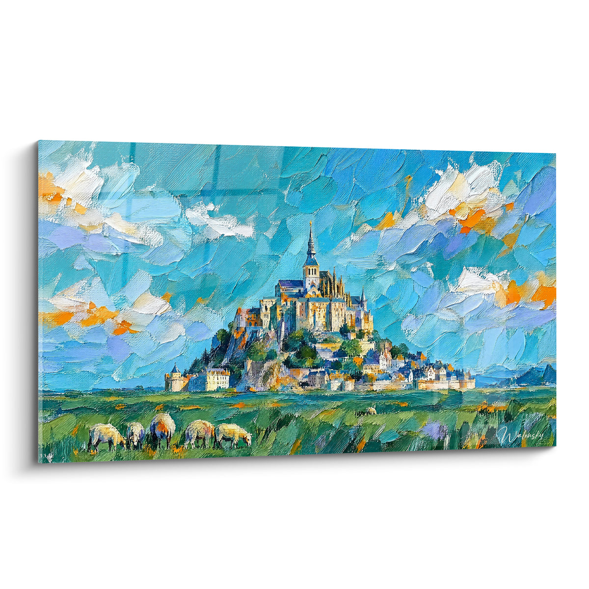 Schilderij van de gouden abdij Mont-Saint-Michel en turquoise lucht op doek met expressieve impasto