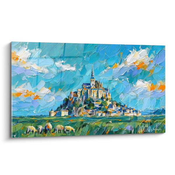 Schilderij Abdij blauw turquoise en grasgroen - Hemels toevluchtsoord - Editie Abdij van Mont-Saint-Michel Normandie Frankrijk