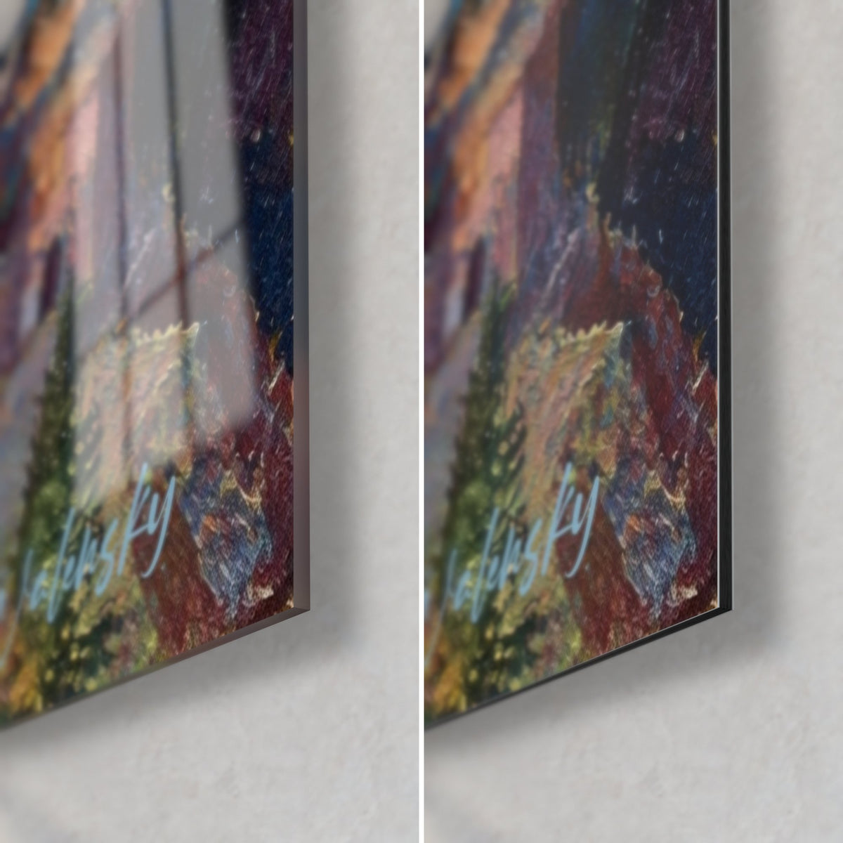 Gemälde eines Heiligtums auf seinem rostigen Felsen, grüne Pinien und Signatur Walensky in der unteren rechten Ecke: glänzendes Acrylglas, matt gebürstetes Dibond, 3 mm Kante