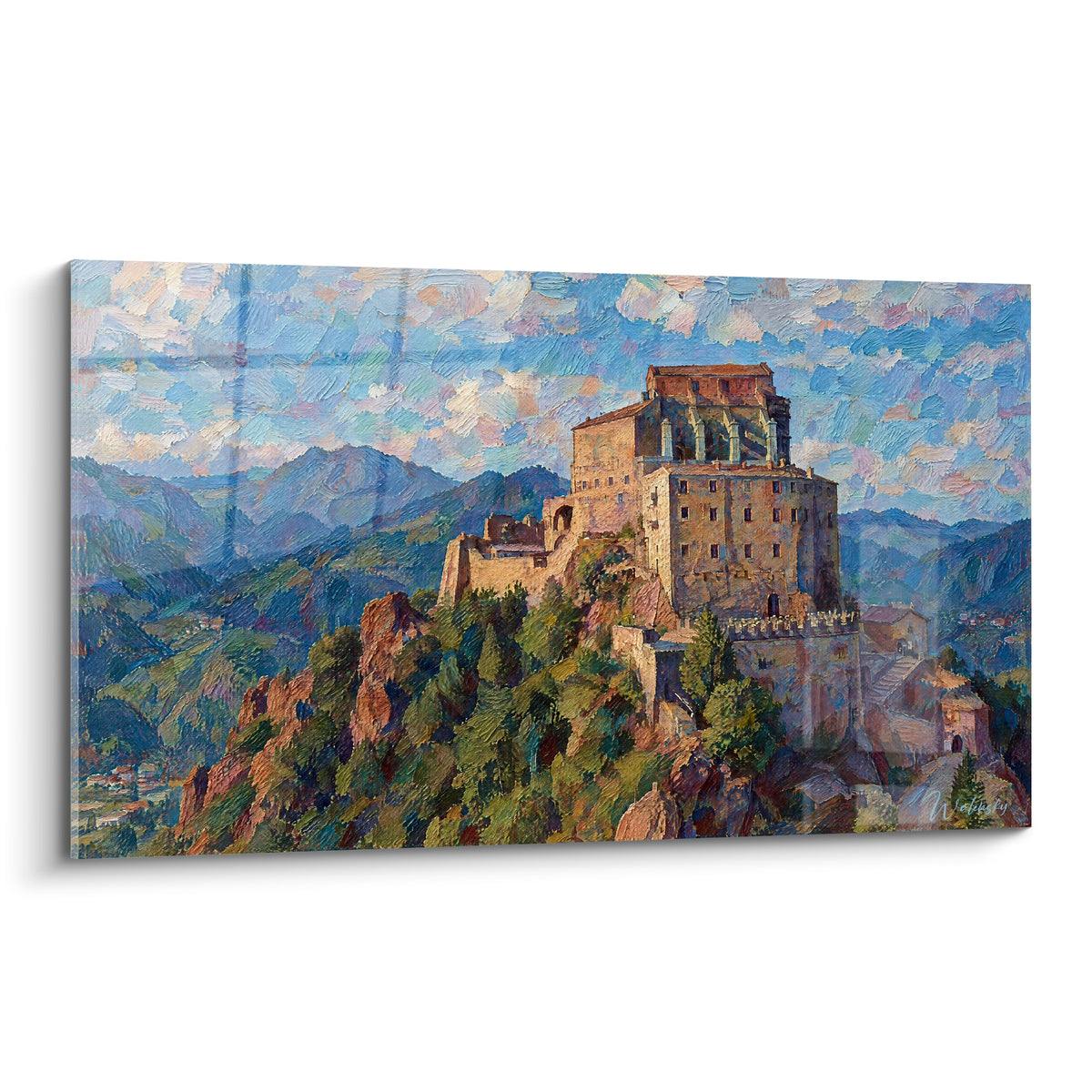 Tableau Abbaye Saint-Michel-de-la-Cluse, pierre ocre et ciel bleu pastel sur piton rocheux escarpé