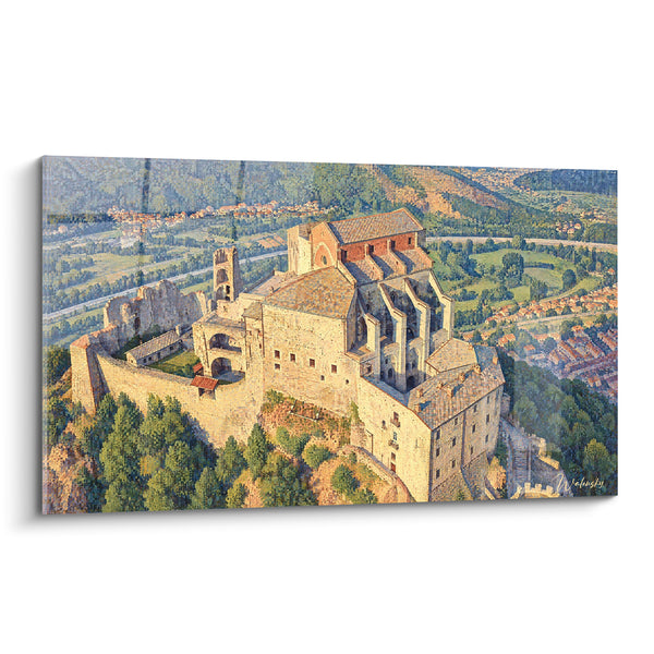 Tableau Abbaye perchée aux pierres ocre et toits rouges - Vigie du Piémont - Edition Abbaye Saint-Michel-de-la-Cluse Piémont Italie