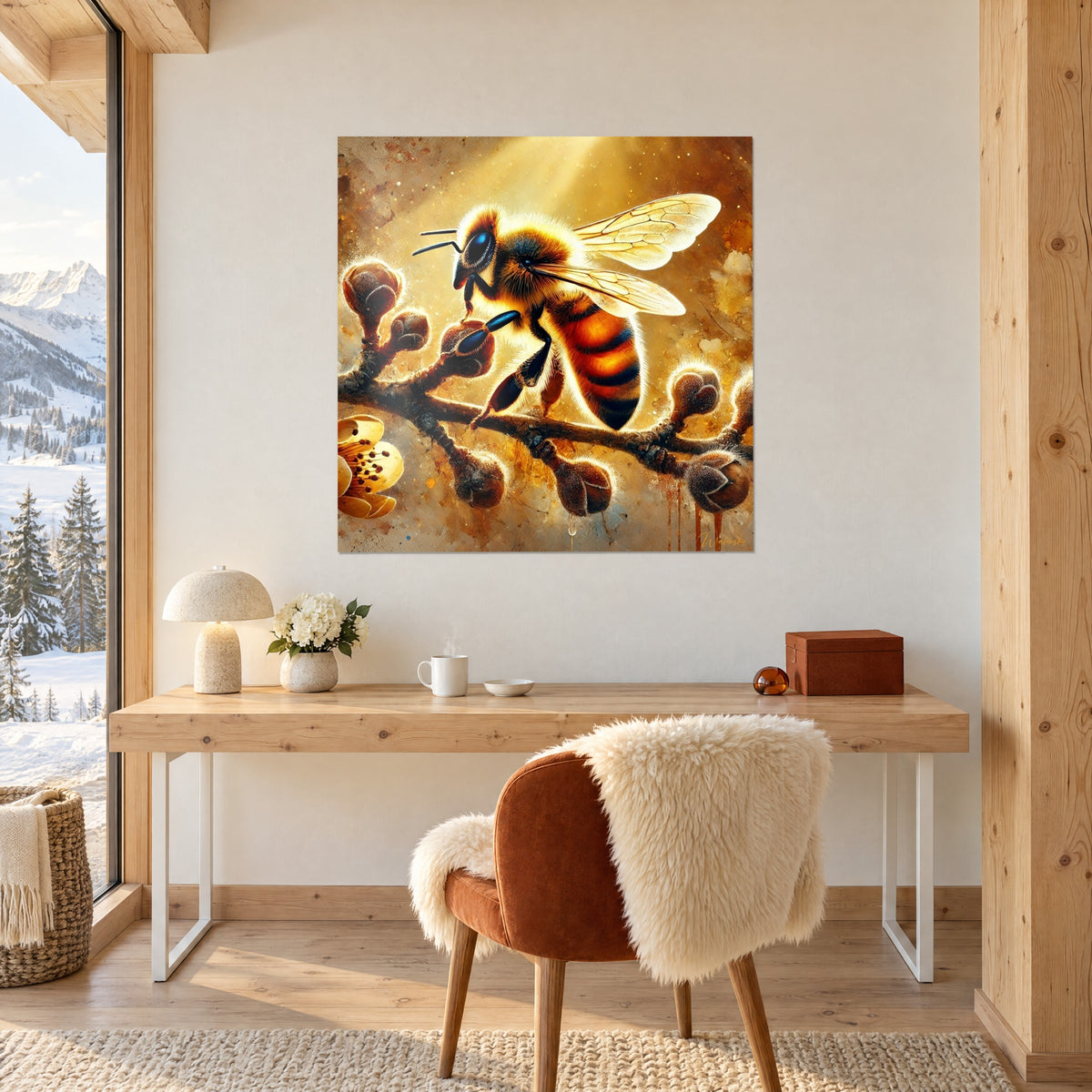 Tableau ouvrière du printemps, corps duveteux jaune et orange, pattes noires brillantes, branche brune, au mur d'un bureau en bois clair
