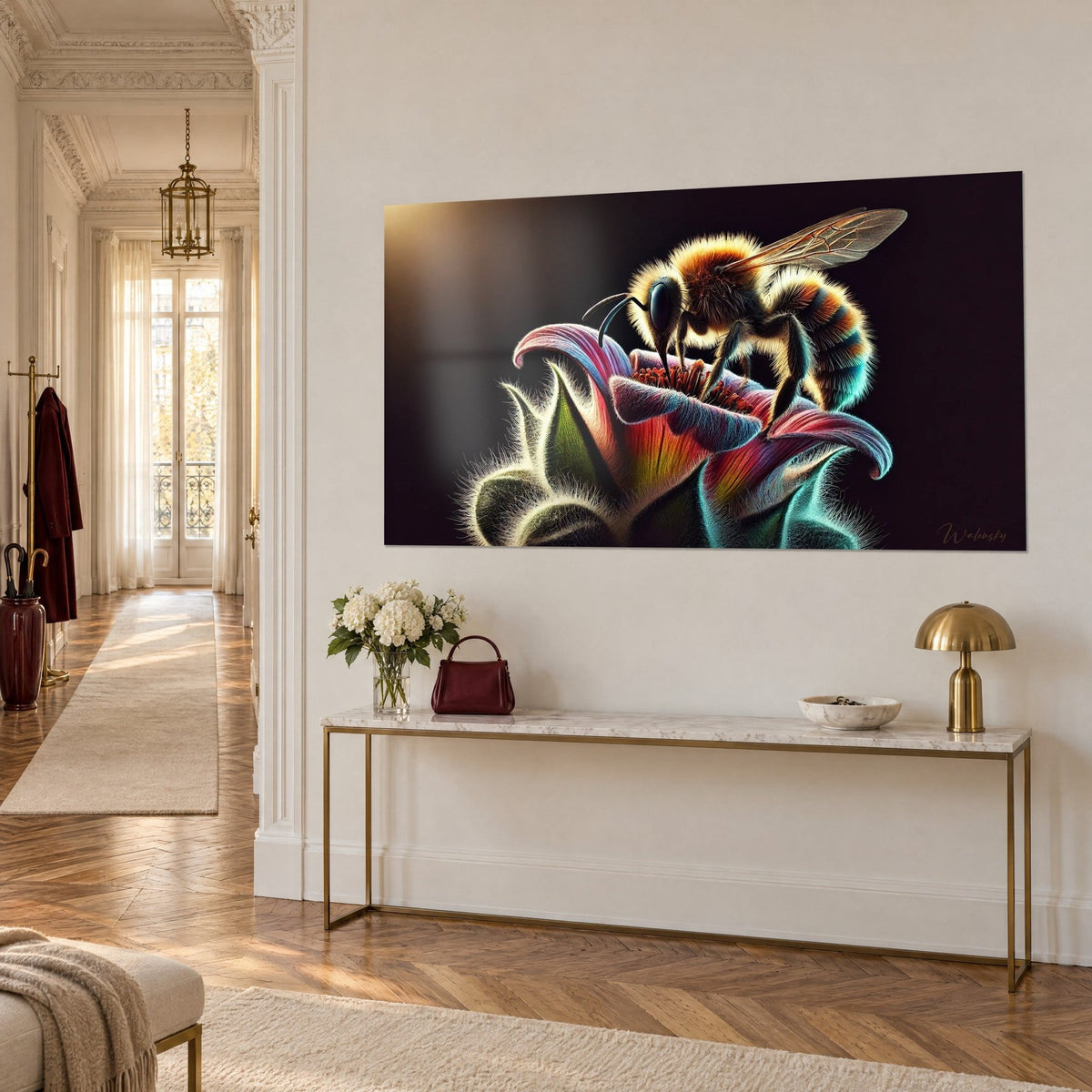 Wall art of a pollinating insect with translucent wings resting on a fuchsia and turquoise corolla, dark background, in a Haussmann-style corridor