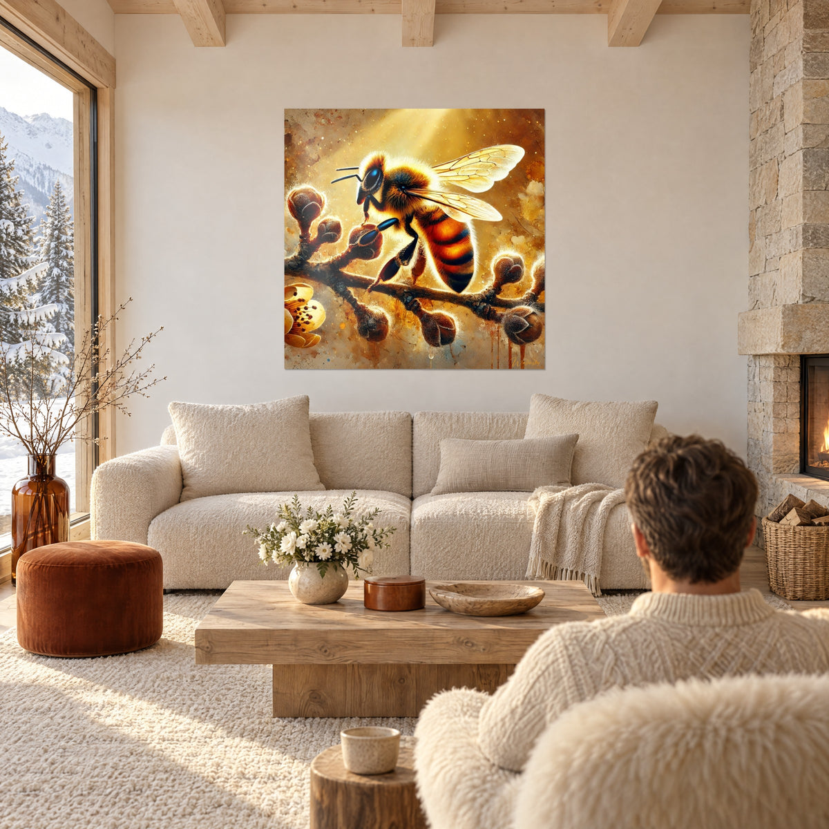 Tableau abeille velue aux rayures orange et noires sur un rameau de bourgeons, ailes ambrées, au-dessus d'un canapé dans un salon lumineux