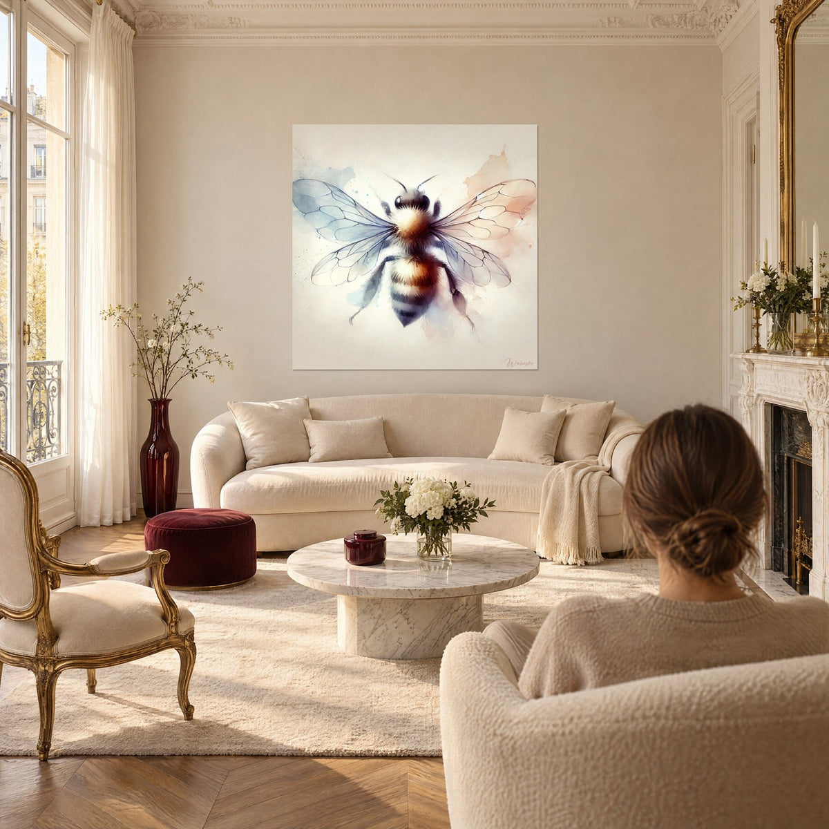 Quadro di un'ape soffice con ali azzurro pallido e rosa salmone, torace ocra, sopra un divano in un soggiorno luminoso