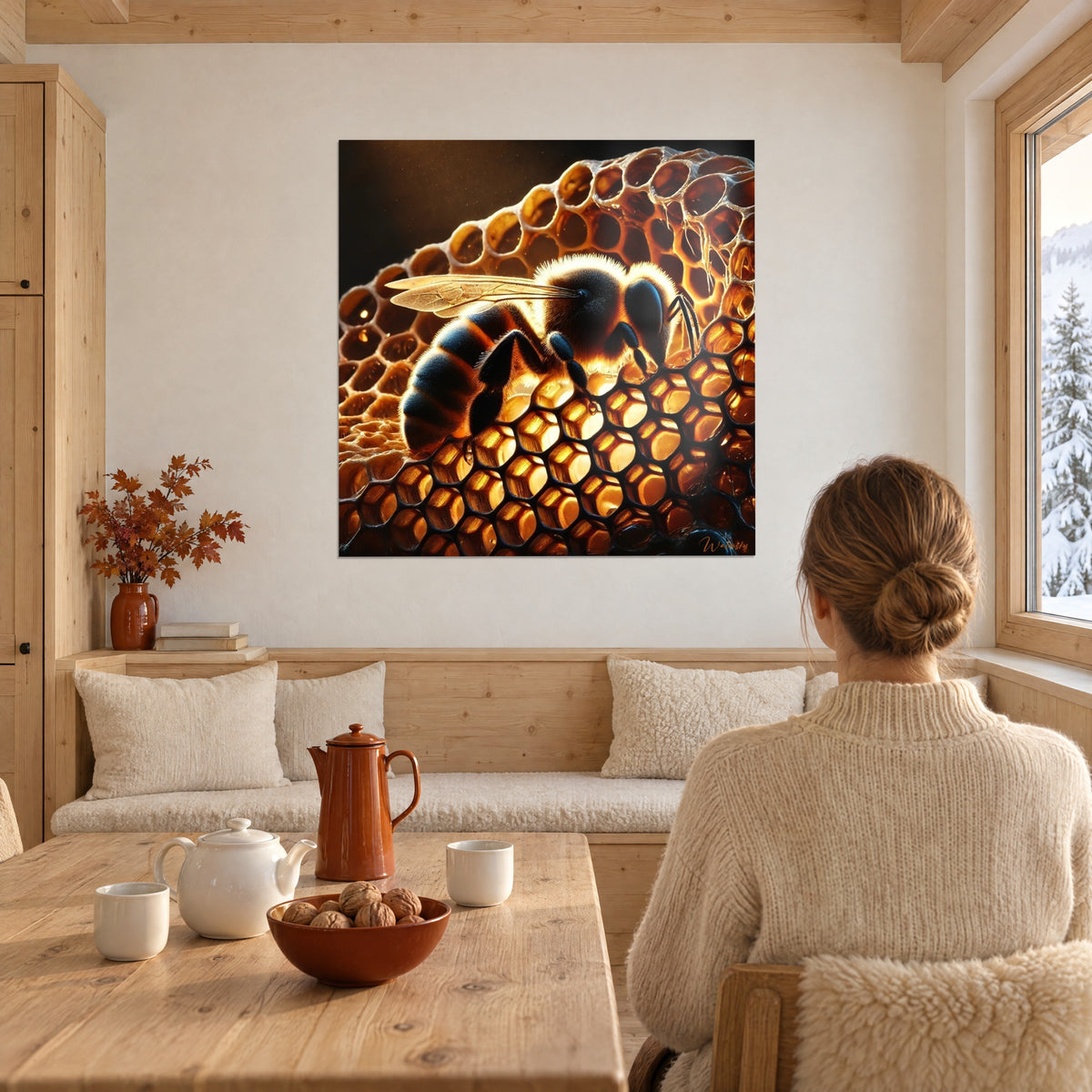 Tableau ruche en gros plan, abeille noire et alvéoles ambre éclairées à contre-jour, mur blanc d'un coin repas de chalet