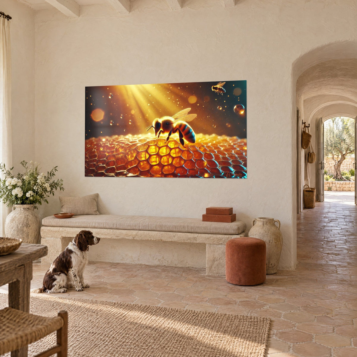 Wall art pollinating insect with black stripes on translucent orange and gold wax, three-quarter view, reclining spaniel, Provençal farmhouse