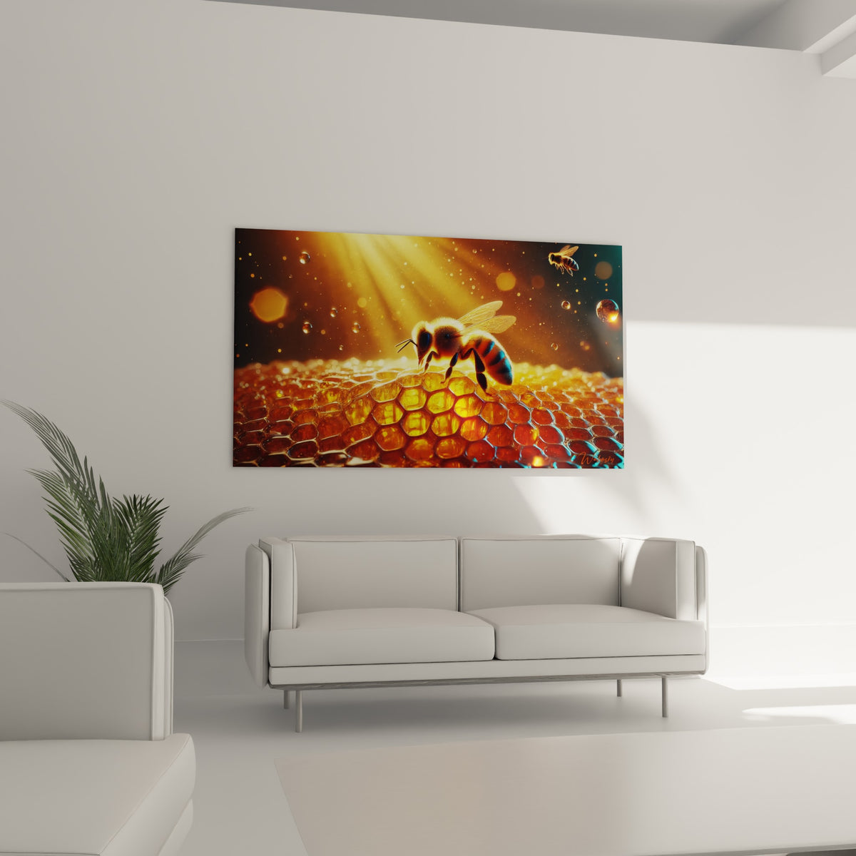 Insecte aux ailes translucides sur alvéoles cuivrées, accroché au-dessus d'un canapé dans un salon lumineux