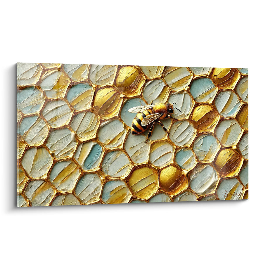 Tableau Alvéoles dorées et bleu pâle texturées en relief - Empâtement épais à la spatule - Edition Abeille