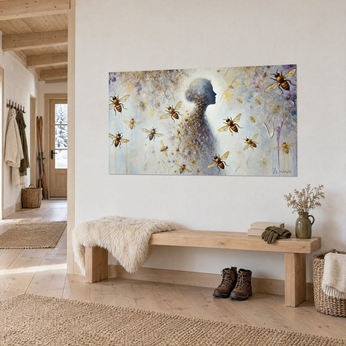 Wall art woman in profile made of honeycomb cells, ochre and pale mauve bees, three-quarter view, wooden bench of a chalet