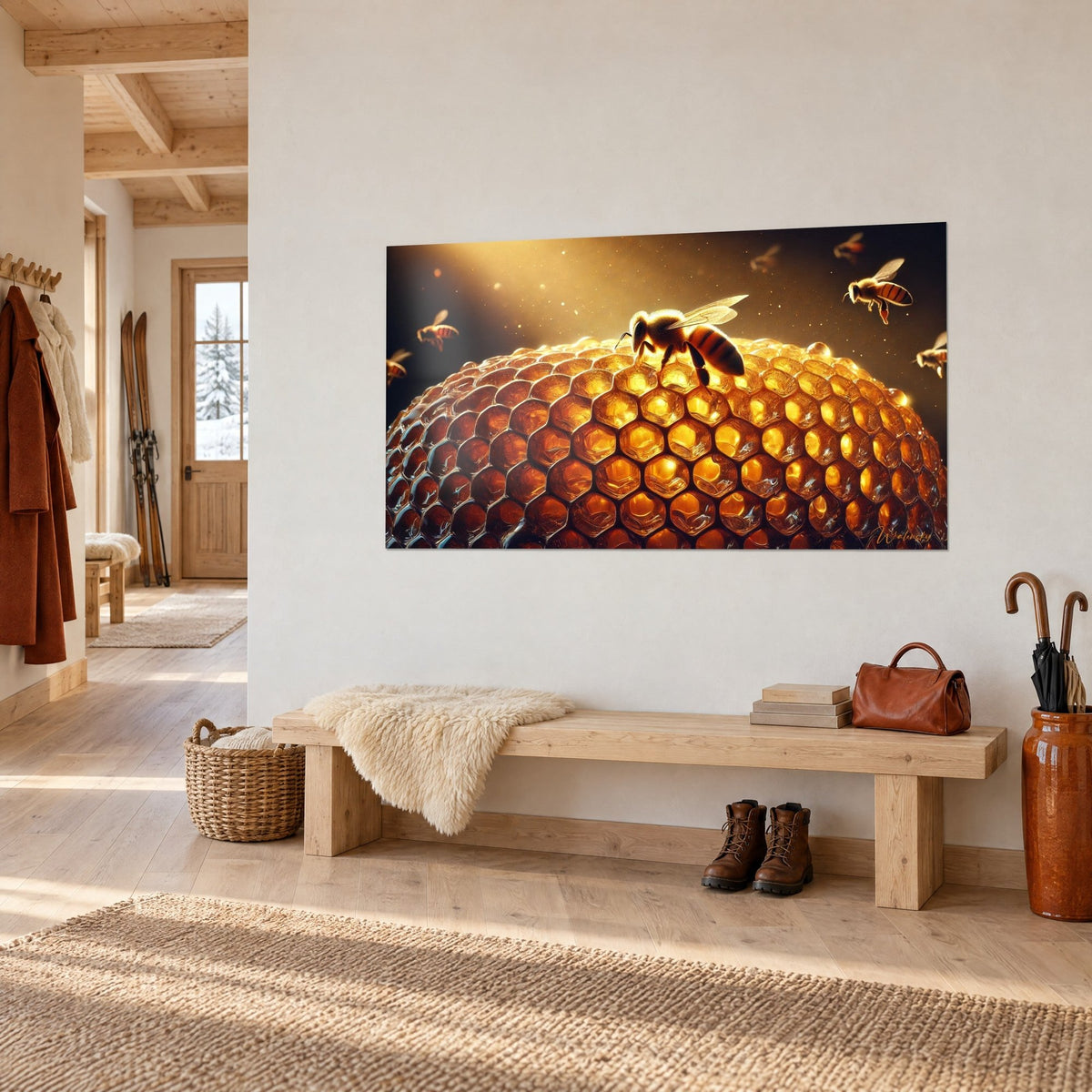Wall art golden beehive with glossy hexagonal cells, bees in flight on a black background, light wood bench in an entryway
